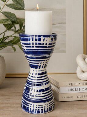 Three Hands Corp. Blue & White Ceramic Candle Holder – Modern Coastal Decor